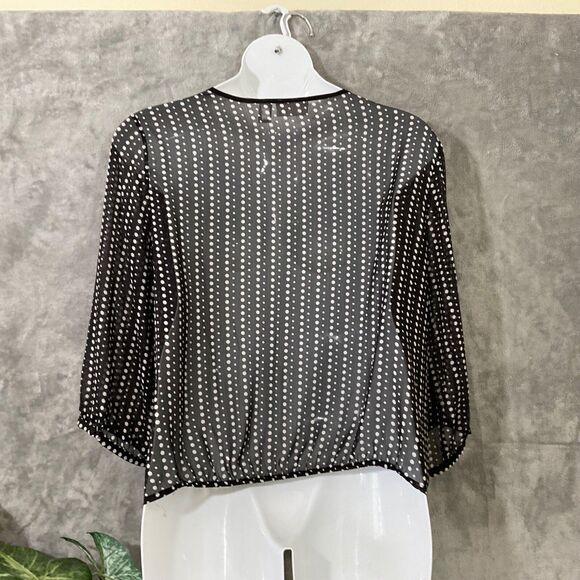 CHICO'S women 3 -XL black white Polka Dot sheer tie front poly blouse button up - Picture 3 of 13